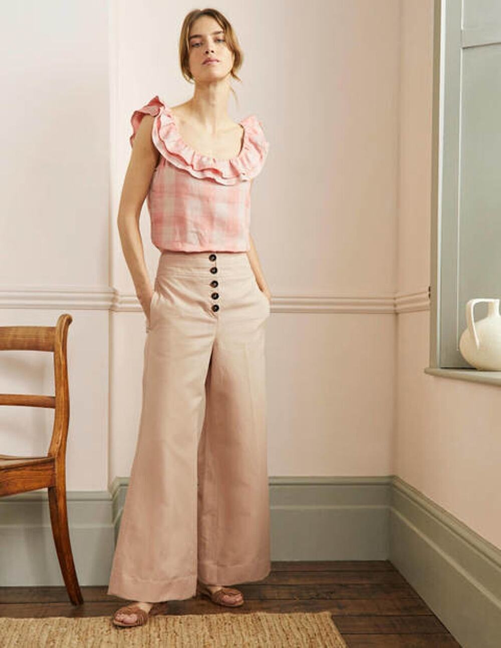 BODEN NWT High Waist Wide Leg Trousers US 2 Petite Cotton Linen Neutral R0106